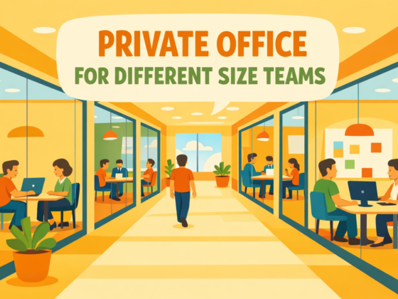 Hallway view showing private offices in multiple sizes for different team counts